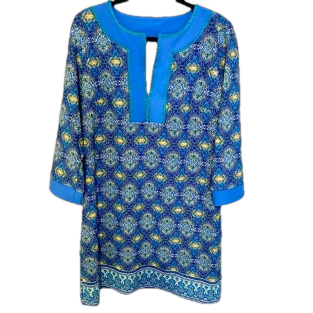 New Cabana Life Shift Dress Blue Yellow SPF 50 V Neck Resort Vacation Large Boho